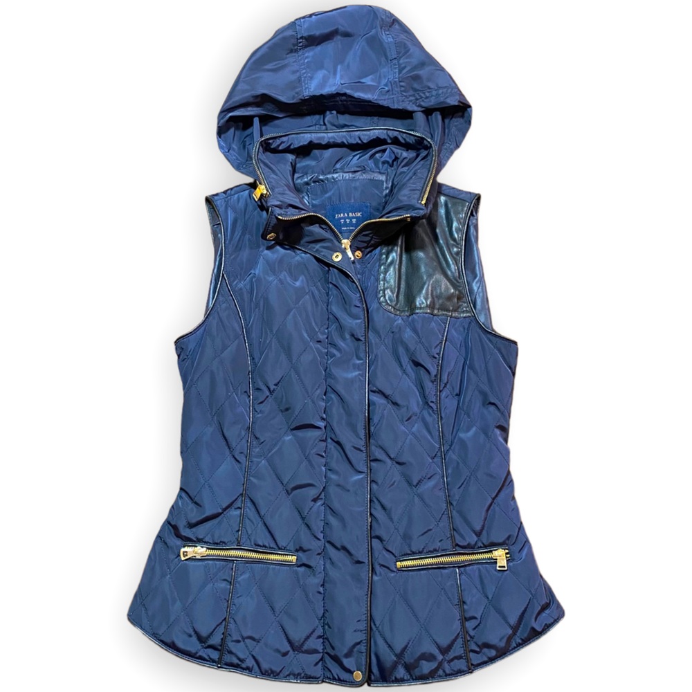 2for$35 NWOT ZARA Blue Puffer Vest with Hood Size Medium